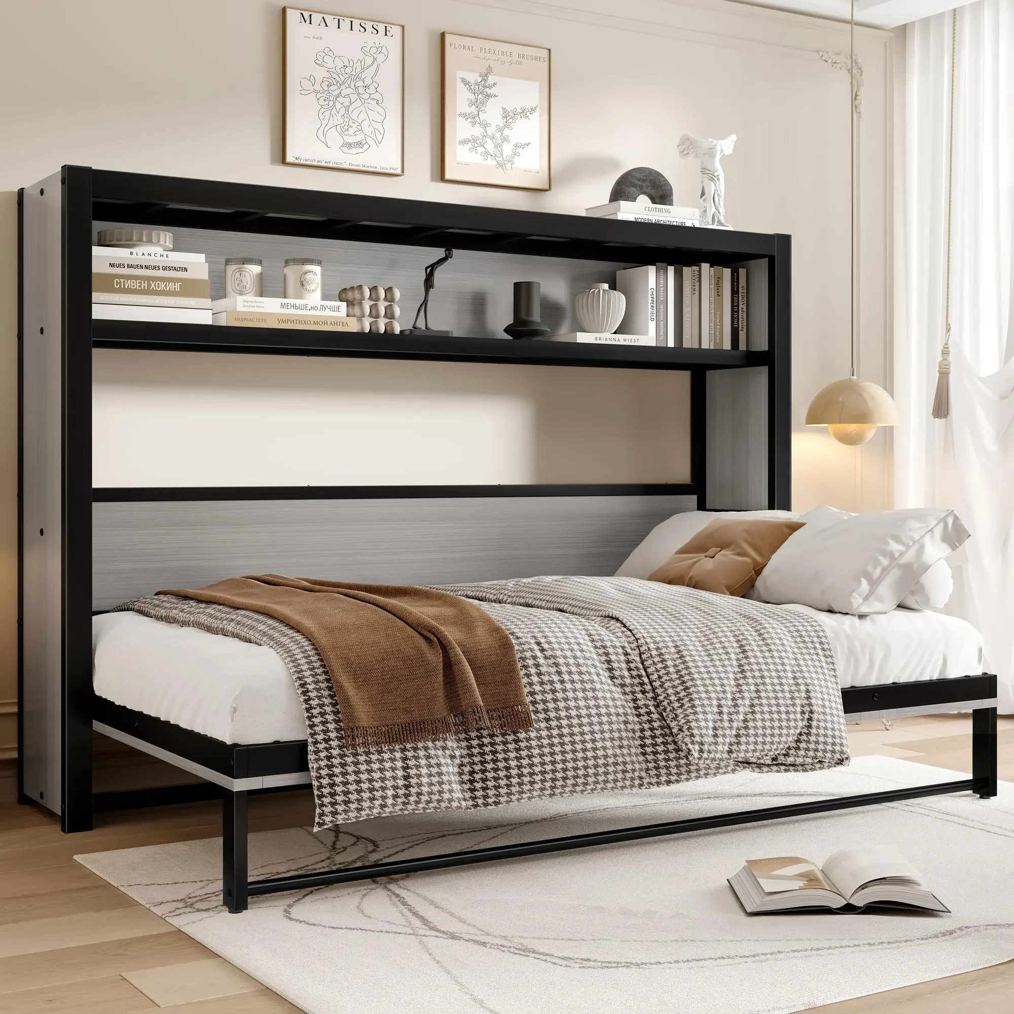 Twin Size Murphy Bed with Shelves, Gray Metal Wall Bed with Foldable Space-Saving Design for Guest Room, Home Office, Small Apartment