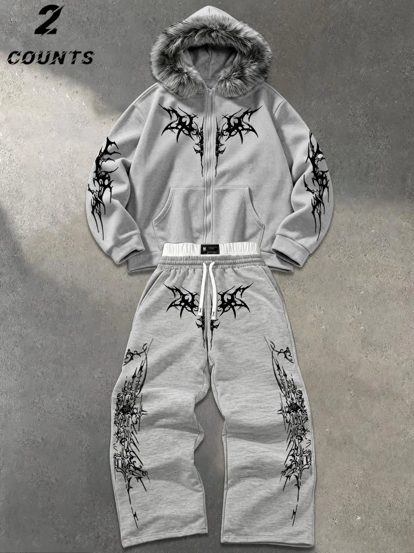 Men's 2-Piece Set, Thorny Pattern Print, Faux Fur Hooded Zipper Sweatshirt + Drawstring Sports Pants, Y2K Gothic Style, Casual Outdoor Wear