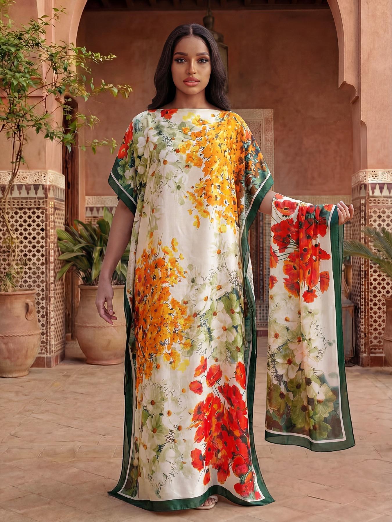 Women's Spring Summer Floral Pattern Robe & Thin Loose Fit Shawl Set, Casual Beach Sun Protection Satin Scarf