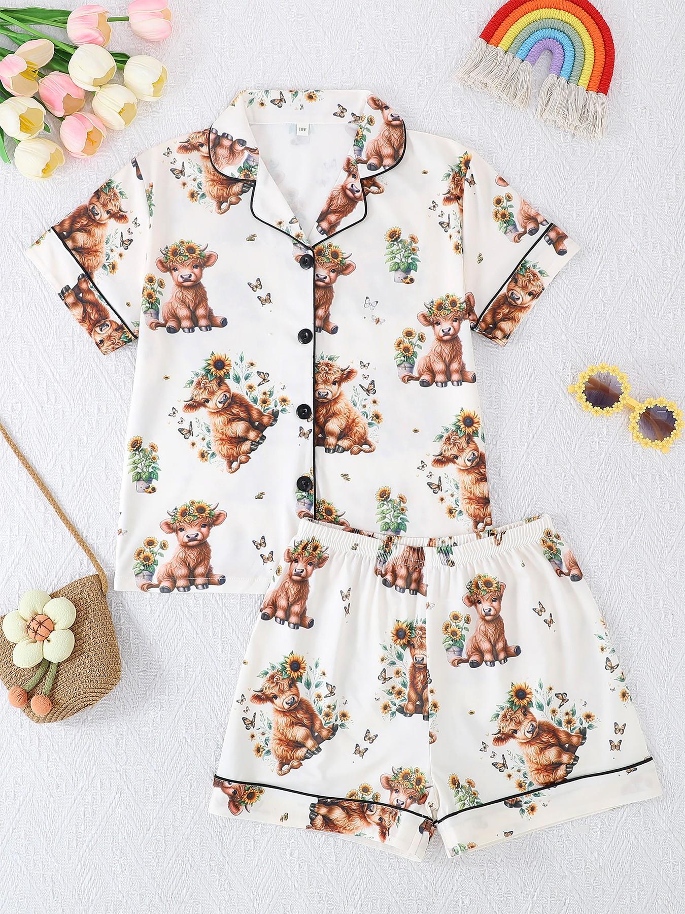 2-Piece Kids' Fire-Resistant Pajama Set, Short Sleeve Button Front, Cartoon Pattern, All Seasons, Casual Loose-Fit, Boys & Girls