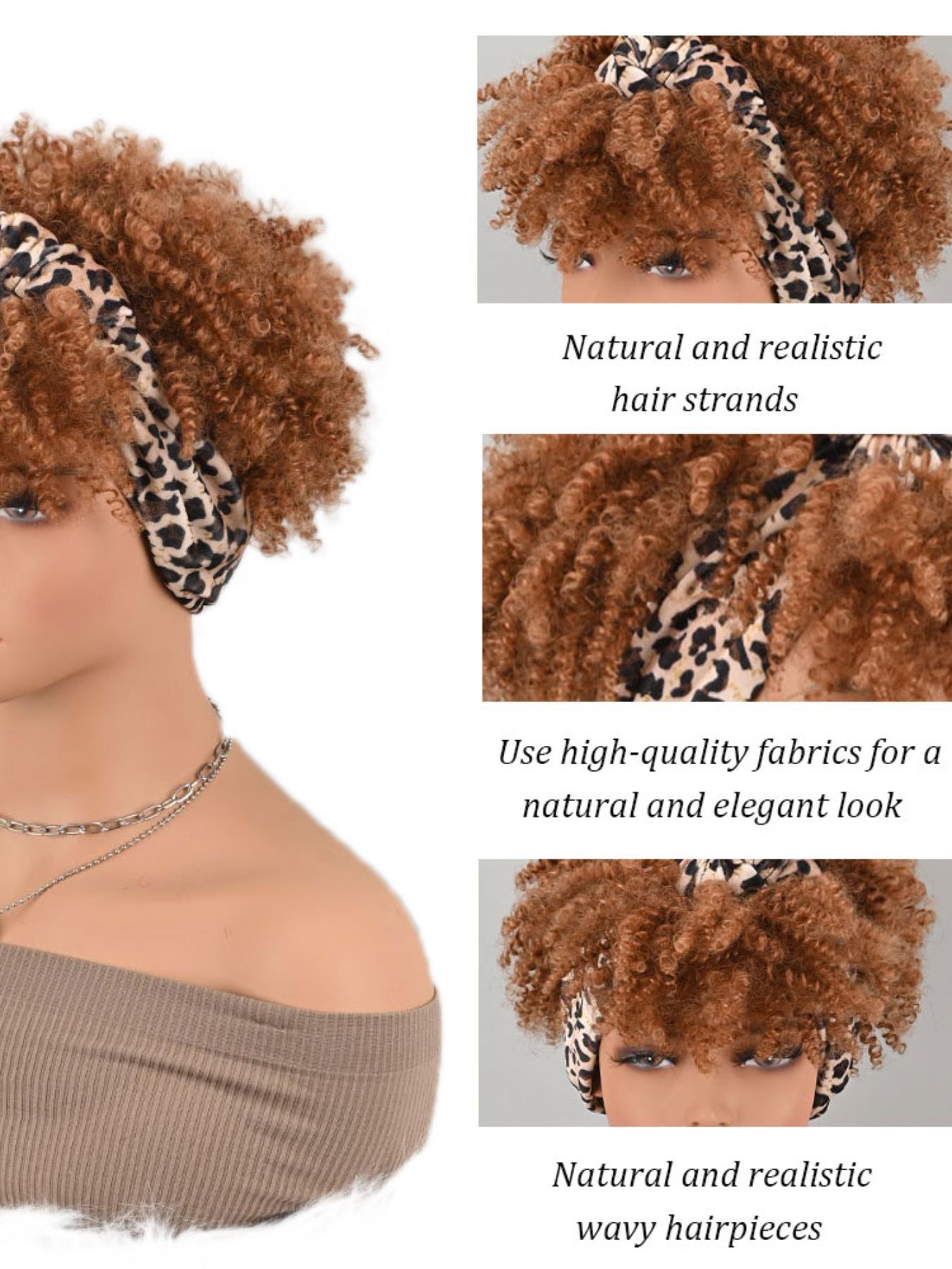 Light Brown Afro Kinky Curly Synthetic Headband Style Wig Leopard Print Knotted Turban Wig High Temperature Fiber Hair Wig For Women Daily Casual Wear