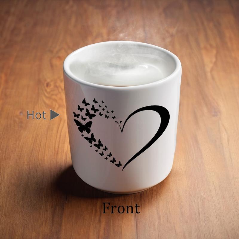 1pc 11Oz Ceramic Mug, Color Changing Mug, Black And White Color Changing Design, Heart-Shaped Handle, Butterfly and Heart Pattern Printing, Heat Sensitive Color, Perfect Gift for Coffee Lovers, Christmas Gift, Birthday Gift, Drinking Cup