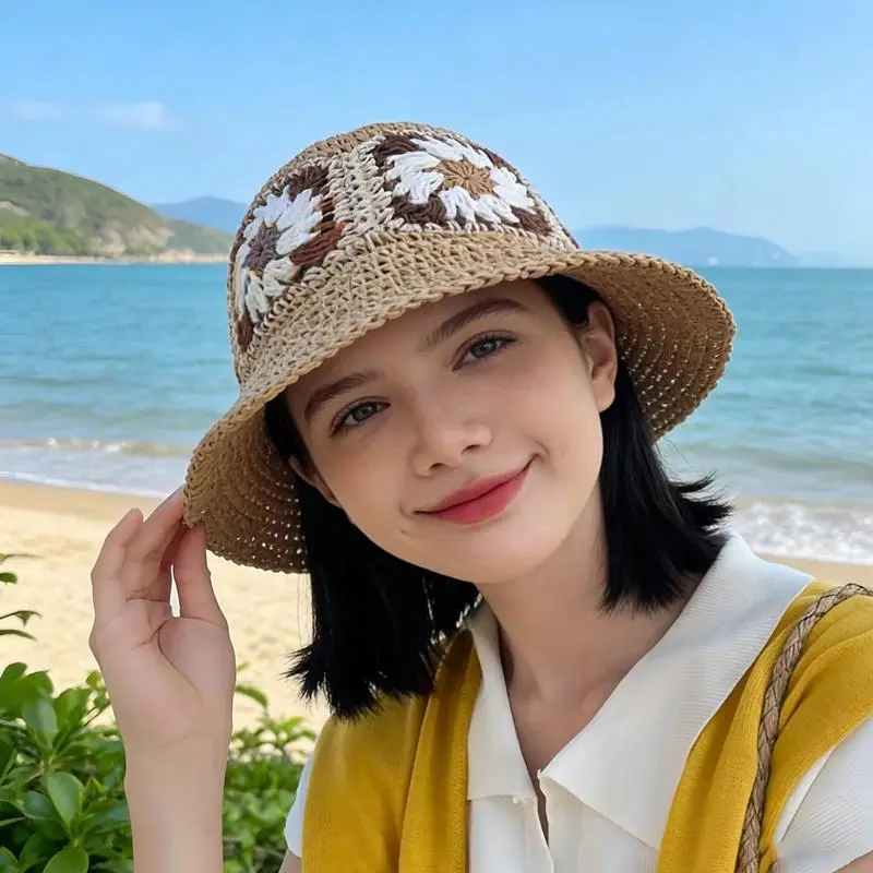 Summer Straw Hat Woven Flower Decor Sun Hat Bohemia Beach Vacation Cap Foldable Portable Sunscreen Hat for Women Ladies Travel