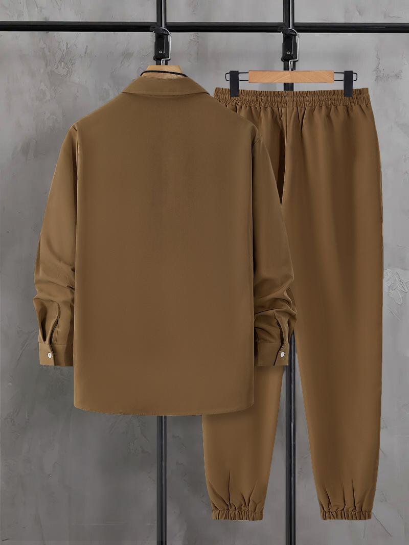 【Plus Size】 Men's Plaid Print Button Front Shirt & Drawstring Waist Pants Set, Regular Fit Casual Checked Long Sleeve Collared Top & Pocket Trousers, Men's Spring & Fall Clothes, Men's 2 Piece Set, Longsleeves Menswear