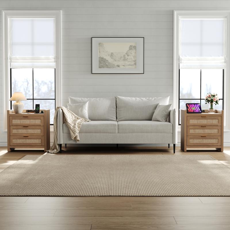 SICOTAS Larger Rattan Night Stand - 15.4"D x 24.8"W x 26.5"H Nightstands with Type-C Charging Station, 3 Rattan Mesh Drawers, Usb port Boho Bedside Table End Table with Storage for Bedroom Sofa Couch Office, Robust and Stylish, Durable