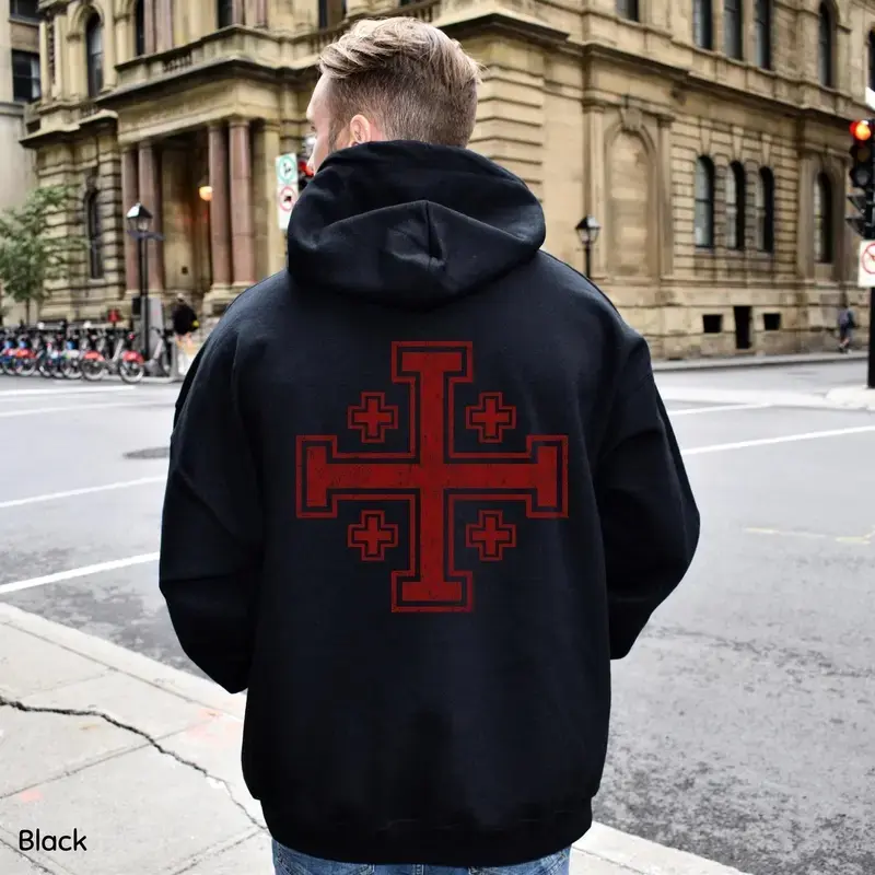 Unisex Jerusalem Cross Double-Sided Graphic Hoodie, Crusader Cross & "God Wills It" Christian Pullover Sweatshirt, Casual Streetwear Hooded Top, Religious Gift for Men and Women