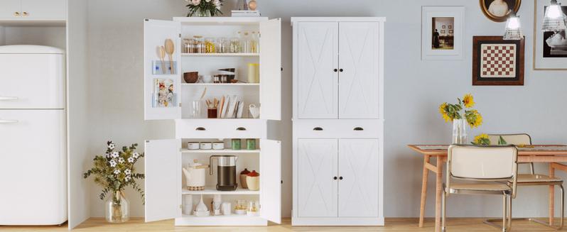IRONCK Kitchen Pantry Storage Cabinet 72.6" H, with Barn Doors, Drawer, 4 Adjustable Shelves, Freestanding Cupboard for Dining Room Living Room, Laundry