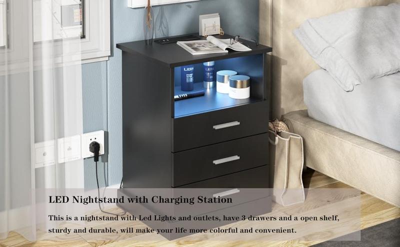 Vabches LED Nightstand with Charging Station, Side Table with 3 Drawers and Light, End Table with Open Storage, Beside Cabinet for Bedroom