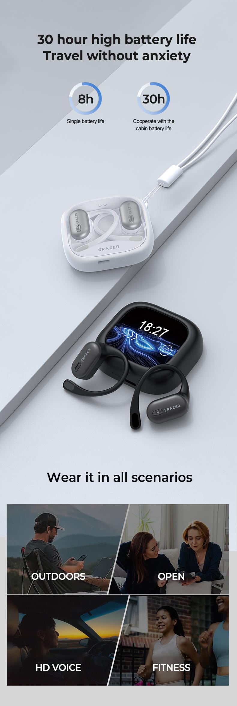 ERAZER XF38 OWS Wireless Bluetooth Earbuds HIFI Sound Quality Music Headphones for Gaming Travel Sports,Wireless Remote Control Built-in Mic