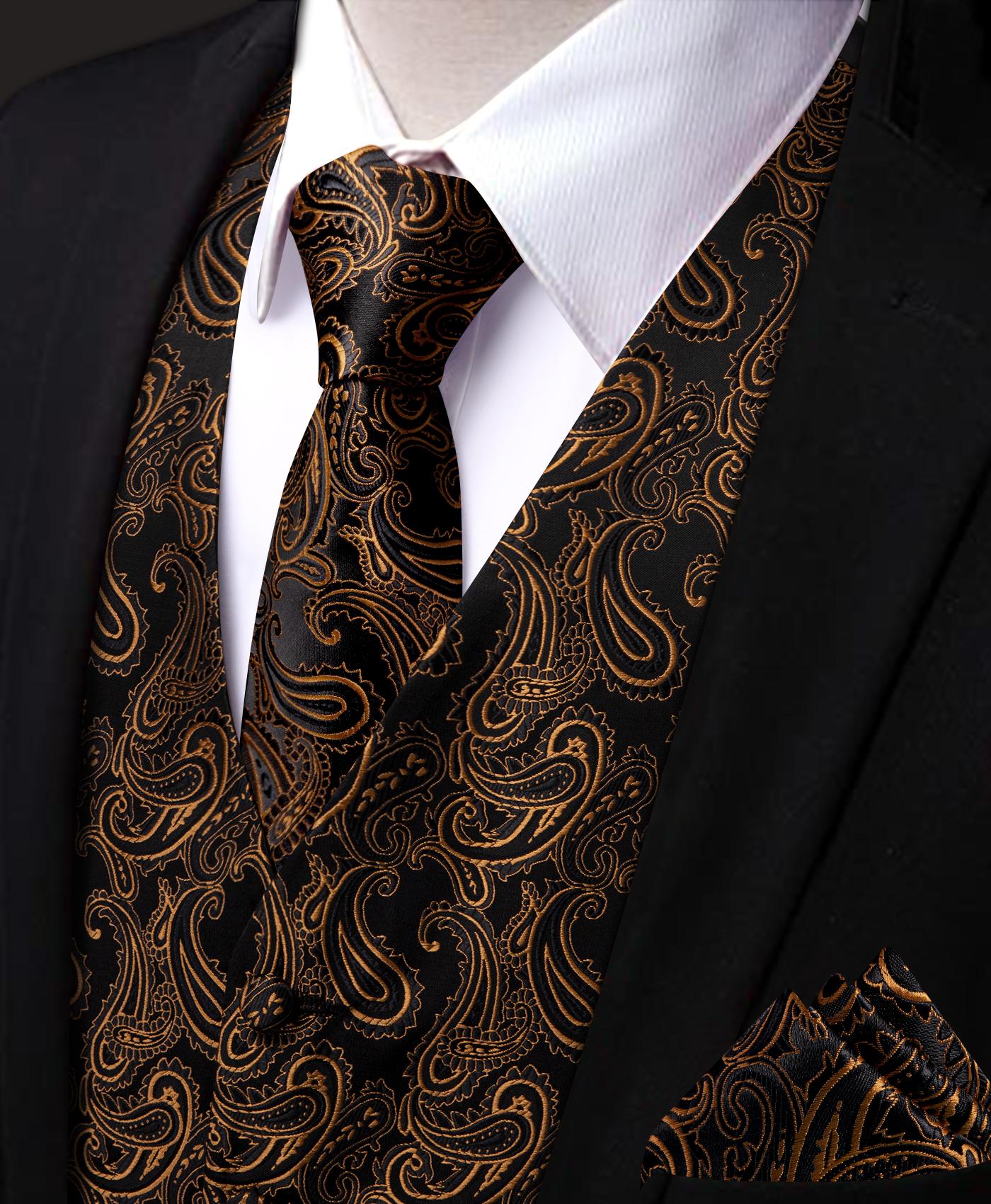 Mens 4PC Luxury Black Gold V-Neck Waistcoat & Tie Set, Formal Sleeveless Jacquard Vest with Paisley Floral Pattern, Elegant Fashion Menswear