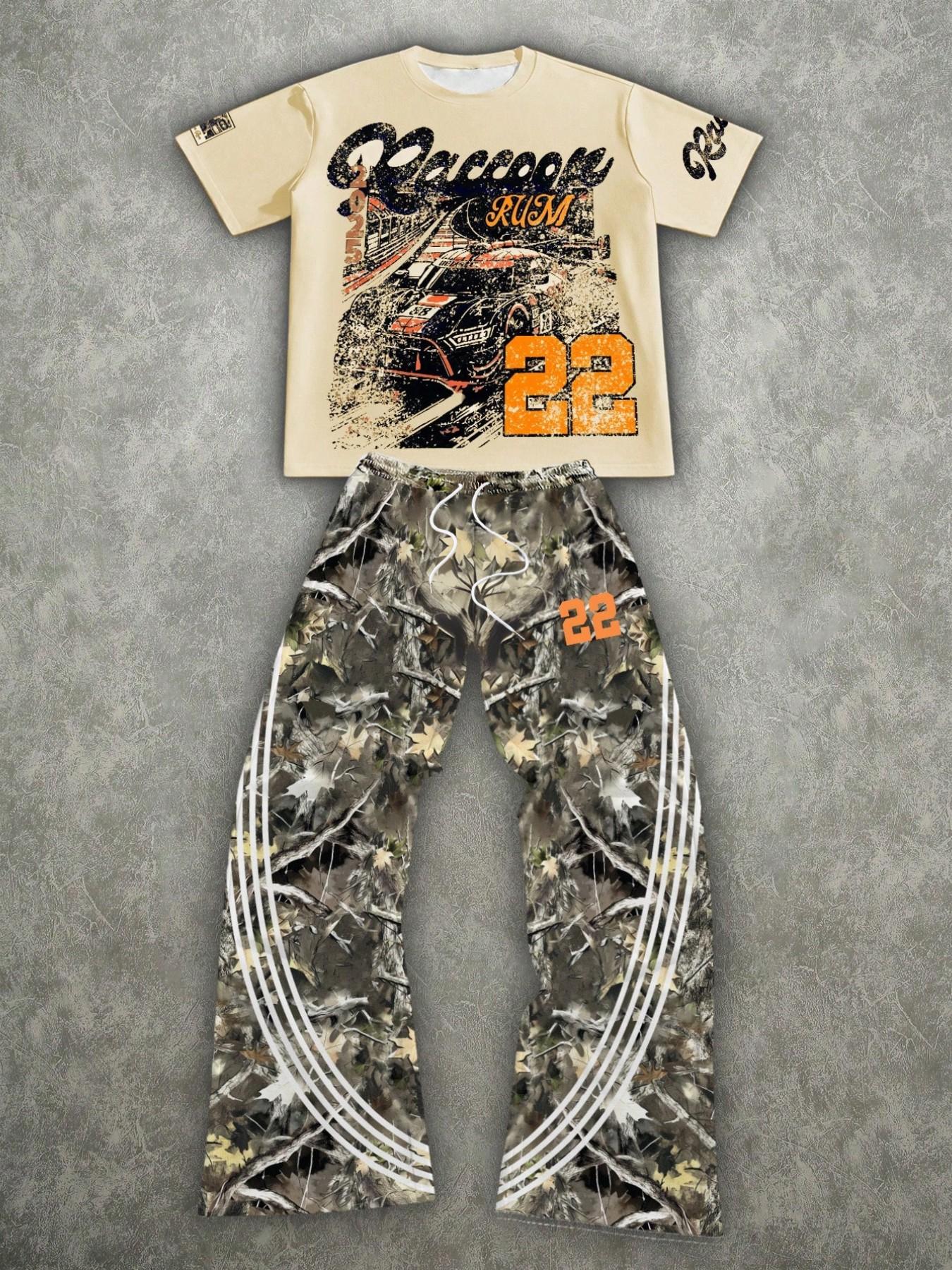 "Men's 22 Raccoon Rum Racing Graphic 2 Piece Set, Oversized Short Sleeve T-Shirt & Camo Tree Print Flared Pants Streetwear for Daily Wear and Street Style"