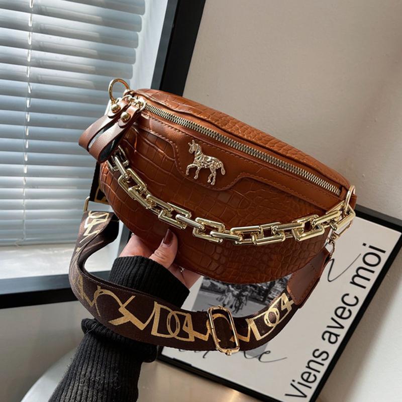 Horse Decor Double Zipper Chain Fanny Pack Crossbody Chest Bag Crocodile Embossed Coin Purse Waist Belt Pocket Runningbelt