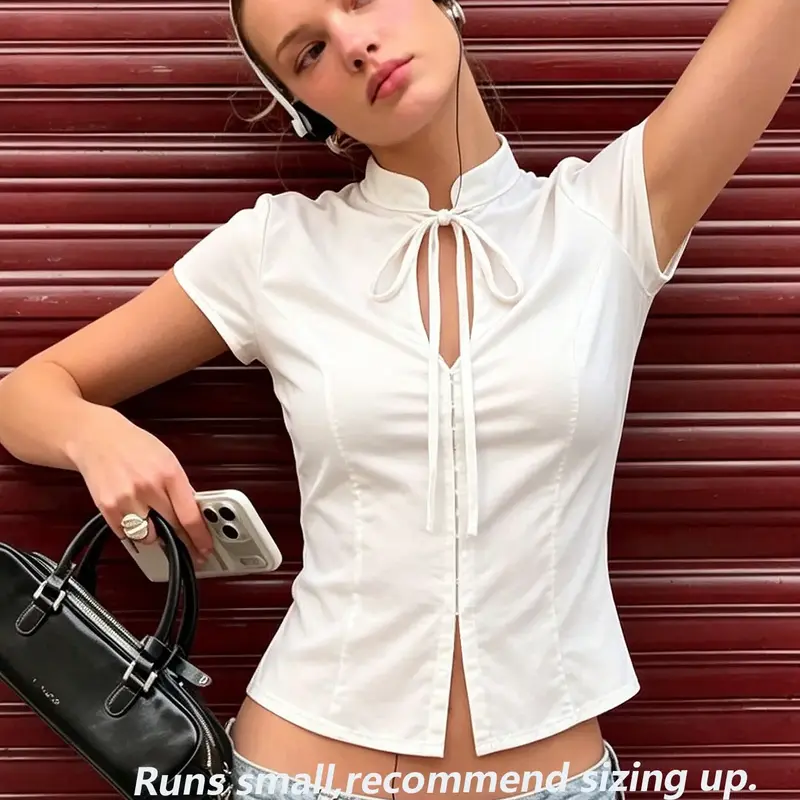 Women's Solid Color Short Sleeve T-Shirt, Casual Backless Cut Out Tie-front Slim Shirt for Party, Club, Holiday and Daily Summer Wear