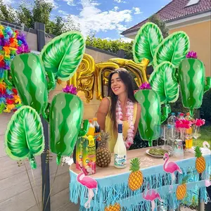 This 9-piece Hawaiian balloon set includes balloons with floral cacti and monstera leaves, as well as tropical balloon decoratio