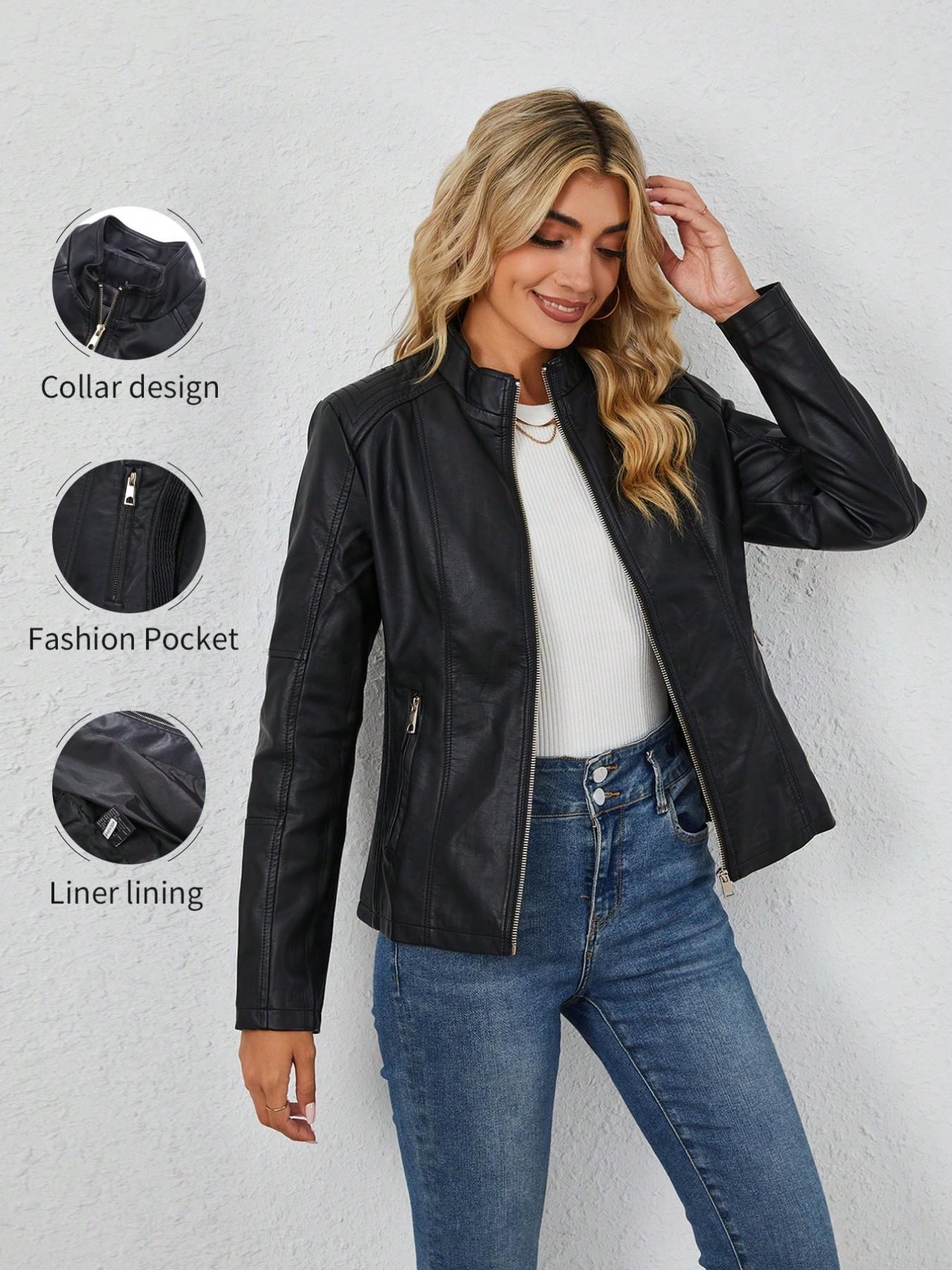 Women's Spring PU Motorcycle Jacket, Fitted Long Sleeve Zipper Pocket Commuter Streetwear, Casual Short Windproof Leather Coat