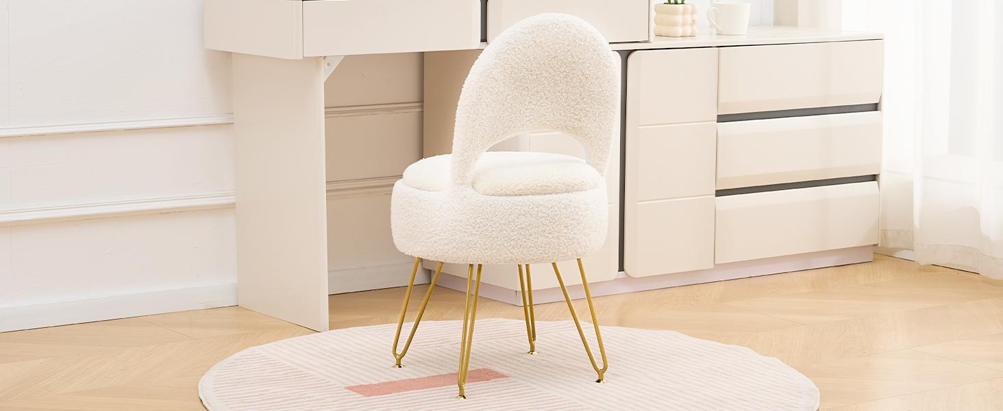 Storage Ottoman Vanity Stool Chair with Folding Back Teddy Velvet Makeup Chair Multifunctional Upholstered Footstool,4 Metal Legs with Anti-Slip Feet for Bedroom Living Room Entryway