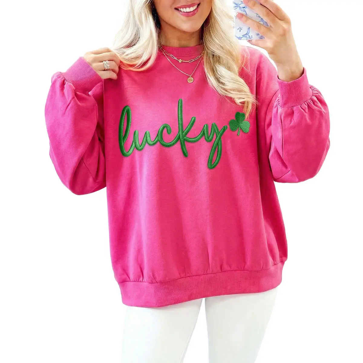 Rose Red Lucky Clover Embroidered Loose Pullover Sweatshirt