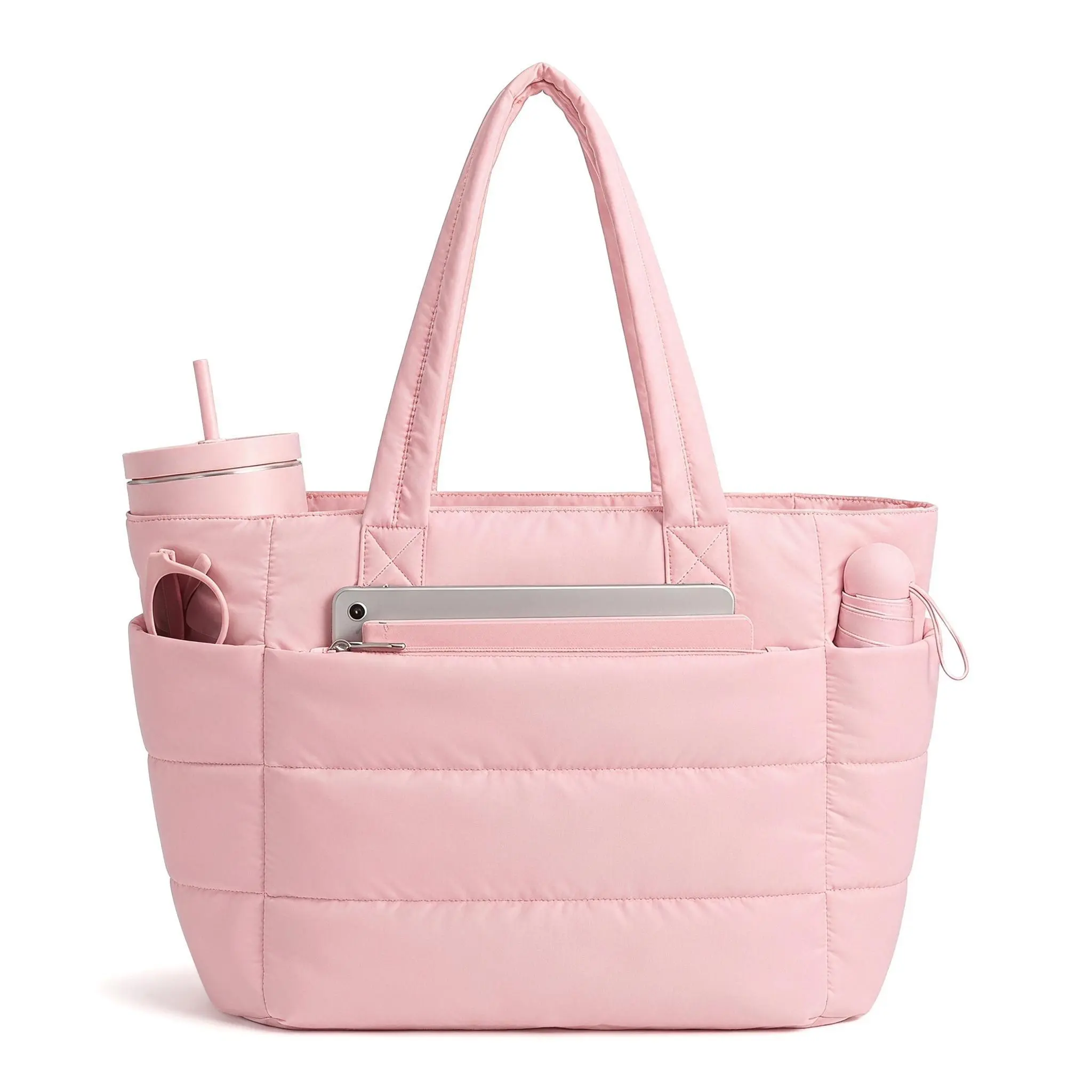 Women's Plain Puffy Quilted Tote - 20L Lightweight Bubble Nylon Laptop Shoulder Bag, Built-In 40oz Cup Holder, Multiple Compartments, Fits 15.6-Inch Laptop, Casual for School Travel