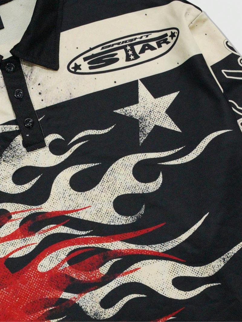 Men's Street Life Men's Street Graphic Print Stripe Polo Neck Long Sleeve T-Shirt, Autumn Winter