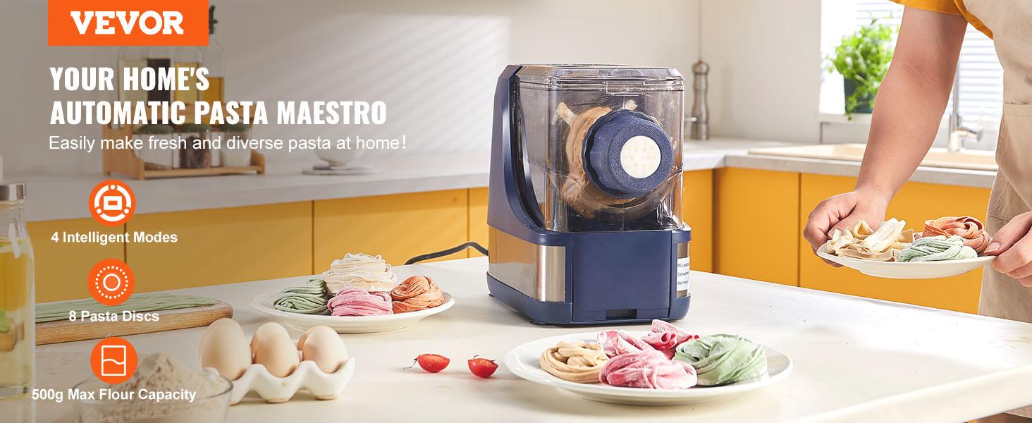 VEVOR Electric Pasta Maker, 150W Automatic Noodle Maker Machine with 8 Pasta Shapes, 4 Intelligent Modes, 500g Flour Capacity Pasta Maker Machine with Measuring Cups, Cleaning Brush for Home Kitchen