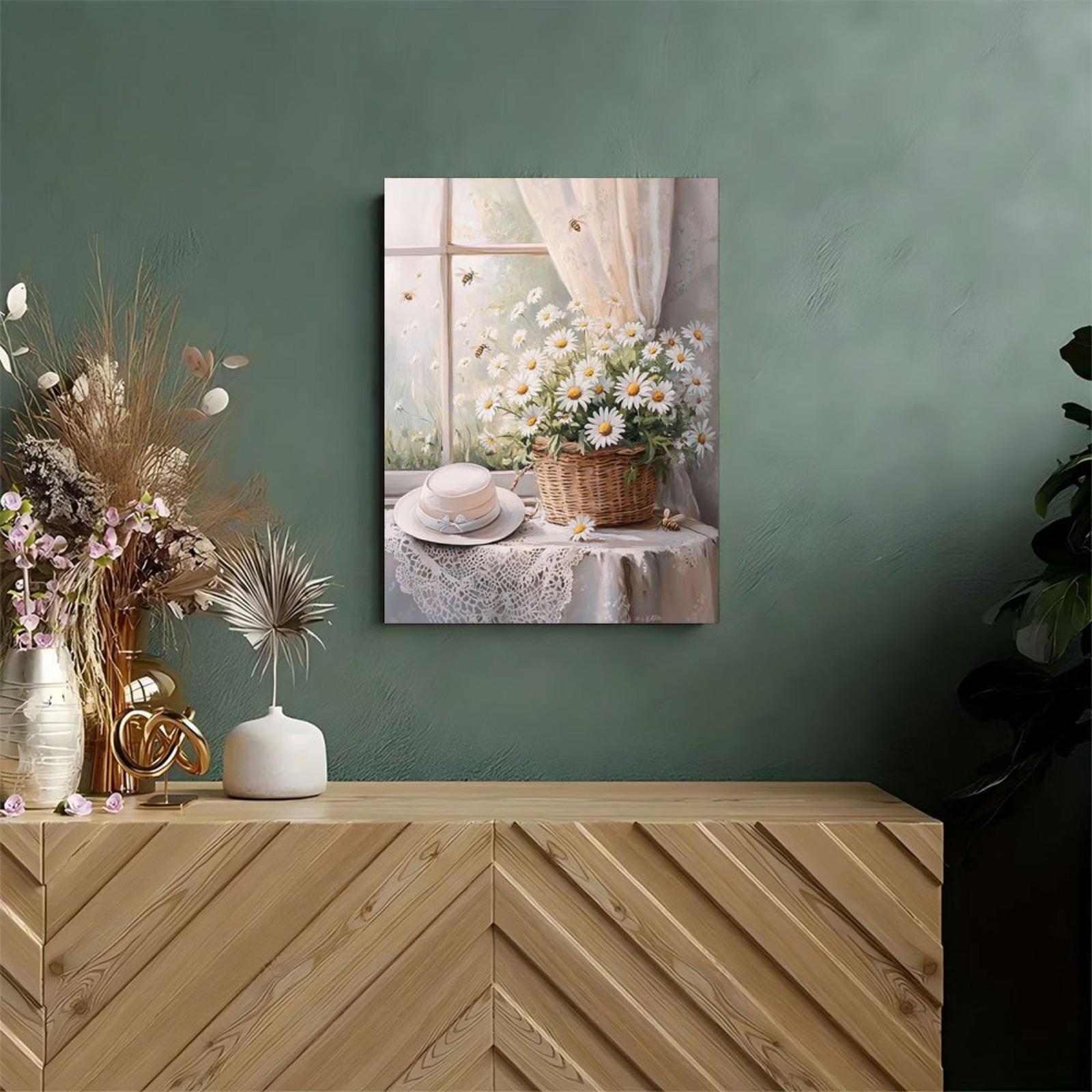 JIT 1PC Rustic Daisy Basket Canvas Art - Wooden Framed, Ready-to-Hang with White Flowers  Green Leaves, Serene Indoor Wall Decor for Bedroom, Bathroom, or Kitchen, Perfect Holiday Gift for Her or Him, Natureinspired Design, Rustic Home Deco