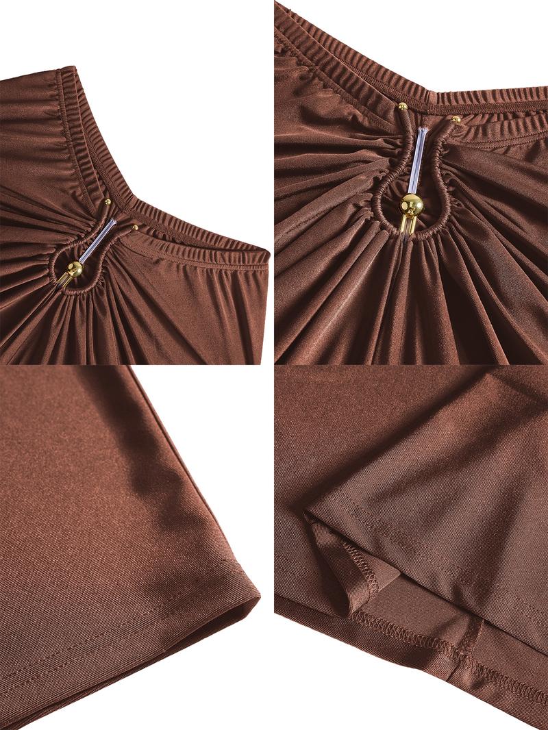 Elegant Women's Two-Piece Set, Fall & Winter High Waist Ruched Skirt, Long Sleeve Round Neck Top, Plain Color, Plus Size Fashion