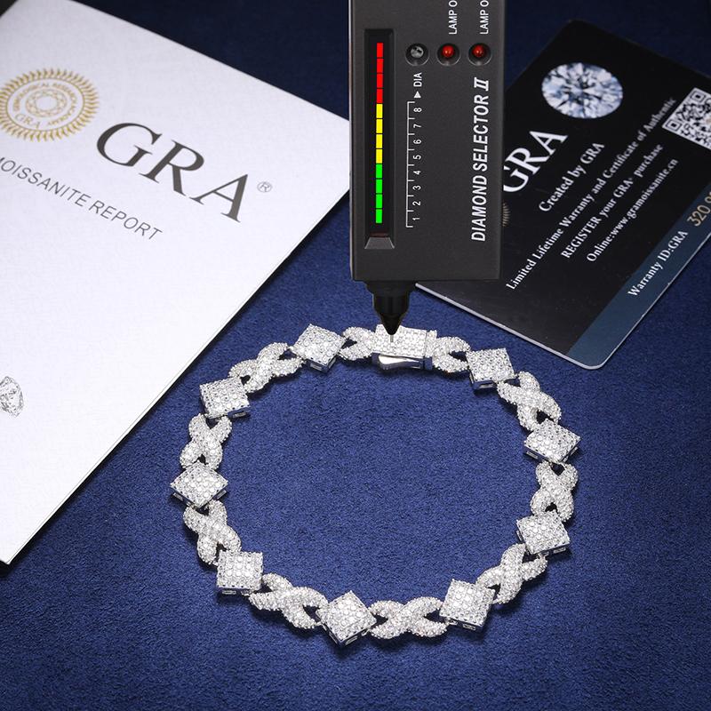 【#B189】 Hip Hop Men Bracelet Iced Out D VVS Synthetic Moissanite 925 Sterling Silver Prong Cuban Link Chain 11mm Infinity Square Symbol Jewelry