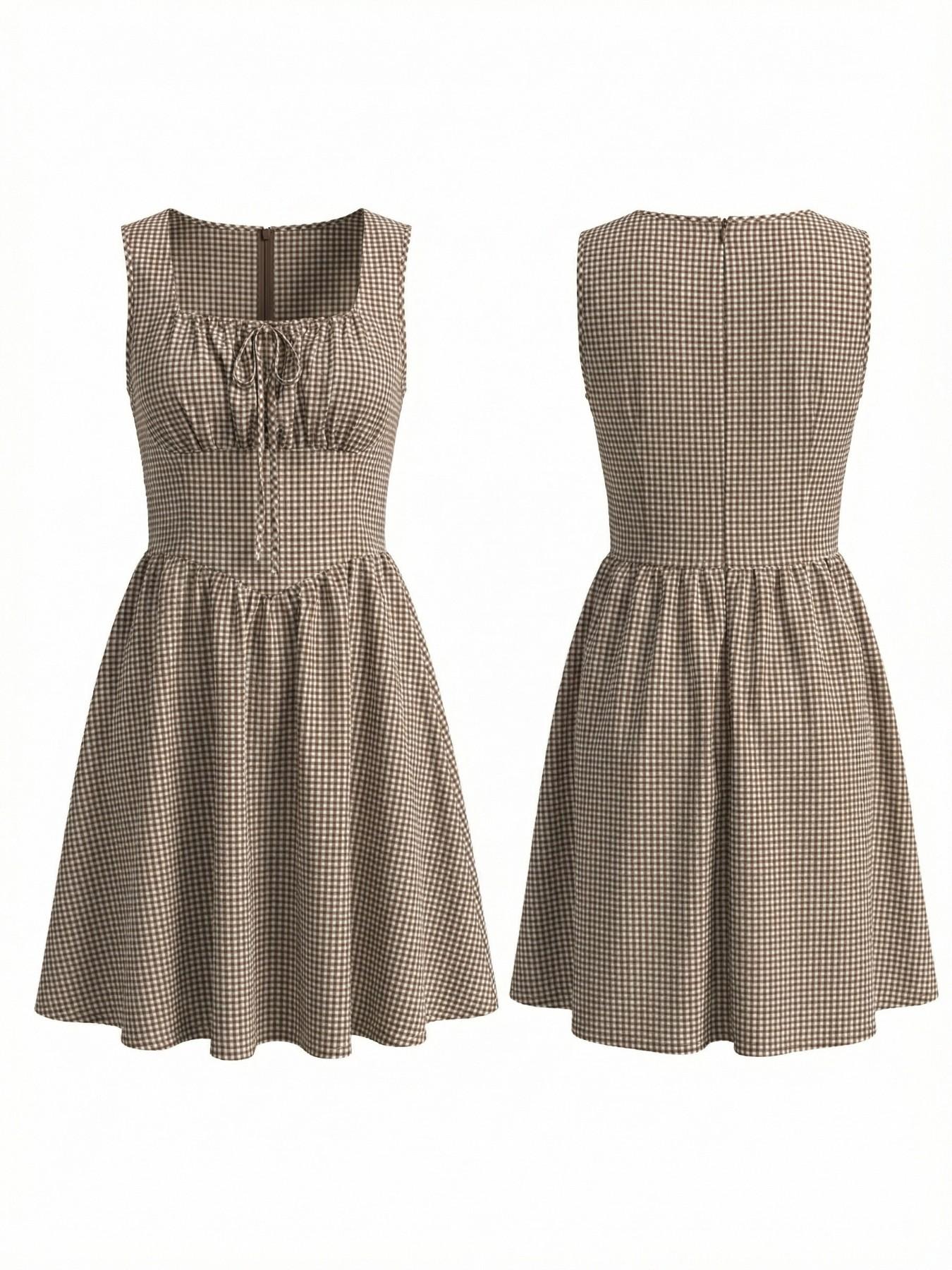 best shoes for brown dress Siun Short Sleeve Midi Dress - Brown Gingham