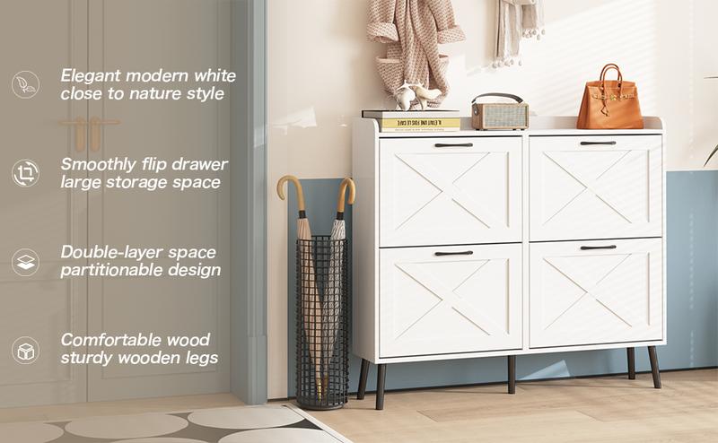 Vabches Large Shoe Cabinet with 4 Flip Drawers, Freestanding Shoe Organizer with Metal Drawer Bracket for Entryway