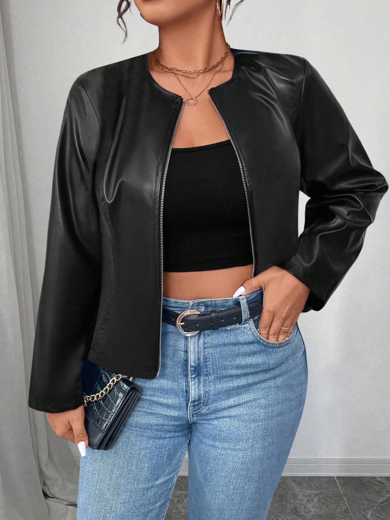 Plus Size Women’s PU Leather Jacket, Stylish Zip Up Faux Leather Coat, Classic Long Sleeve Outerwear for Casual, Streetwear, Weekend and Everyday Fashion