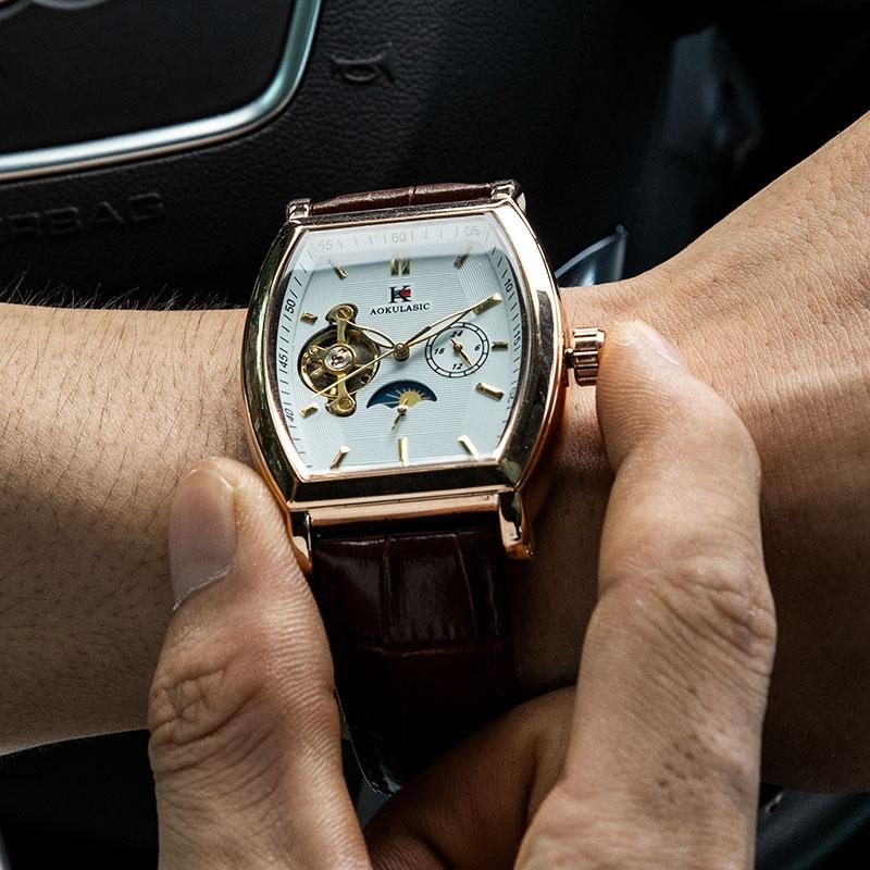 Luxury Automatic Mechanical Watch for Men, Analog Dial, Leather Strap, Moon Phase Display, Minimalist Barrel Design, No Battery Needed