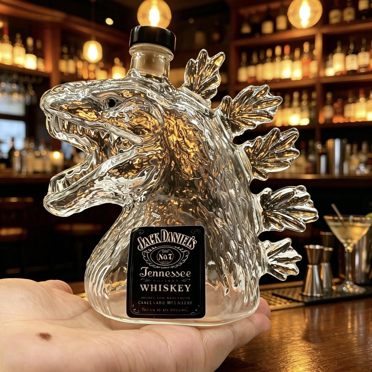 Godzilla Head Shaped Whiskey Bottle, 3D Sculpted Monster Glass