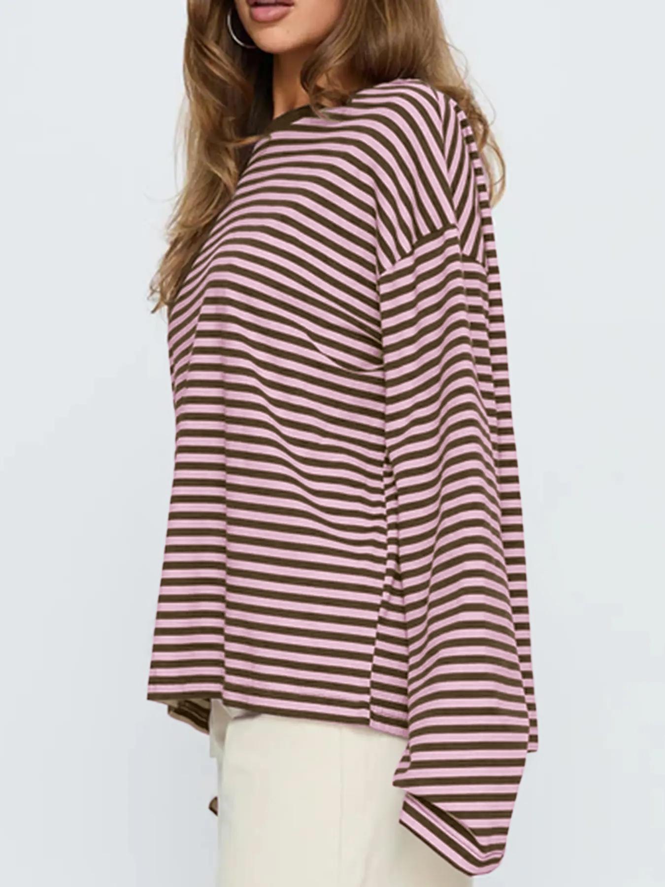 Women's Striped Long Sleeve Loose Top, Casual Versatile Blouse, Stylish Ladies' Fashion Shirt, Perfect for Daily Wear & Layering