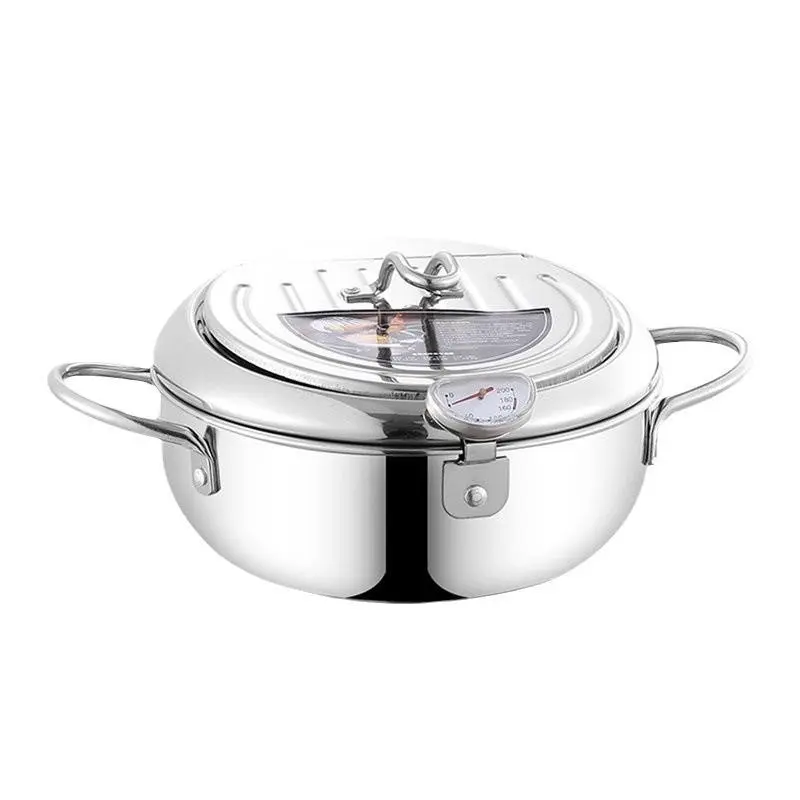 Stainless Steel Tempura Fryer with Oil Drain Rack, Temperature Control, Kitchen Cooking Pot, Ideal for Chicken Wings and French Fries