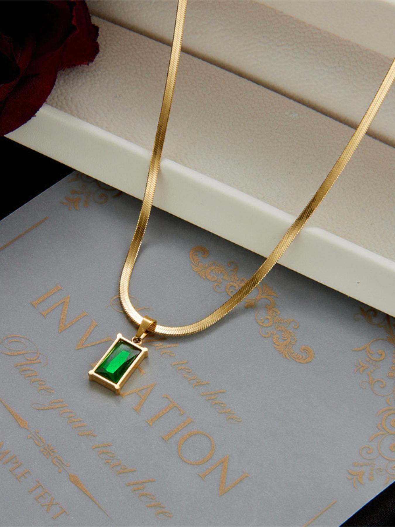 Luxury Gold Plated Green Gem Necklace Earrings Set, Elegant Emerald Jewelry for Women, Vintage Style Snake Chain Pendant Earrings, Perfect Gift for Her