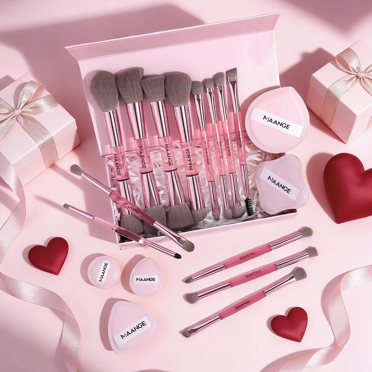 Maange 13-Piece Dual-Ended Makeup Brush Set + 5 Powder Puff Accessories Gift Box, Brush Makeup Kit, Soft Cosmetic Brushes, Essential Beauty Tools, Perfect Valentine's Day Present