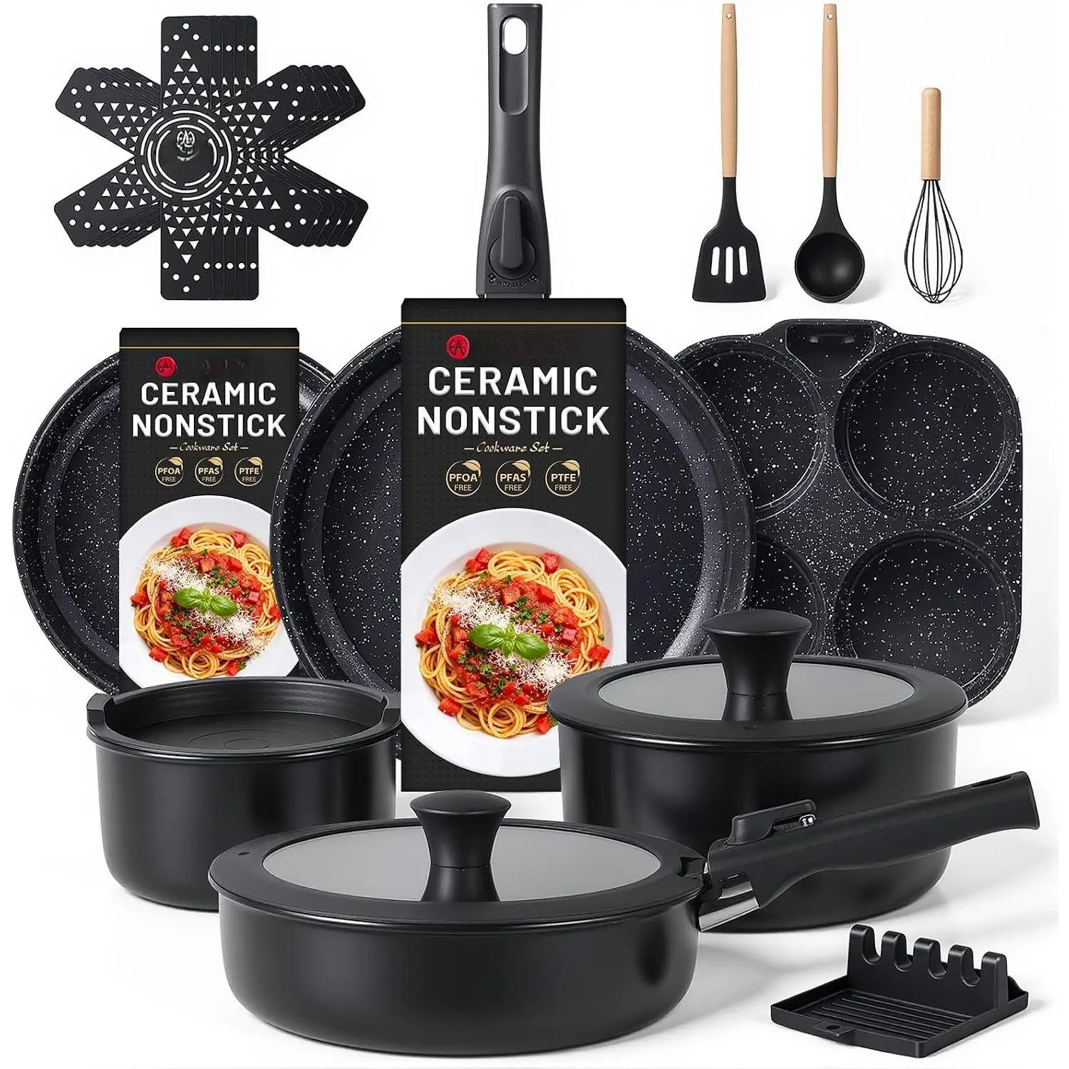 21- Ceramic Pots and Pans Set Non Stick with Detachable Handles and Egg Frying Pan,  Cookware, Induction , Oven Safe, Stackable for Storage, Black Speckled