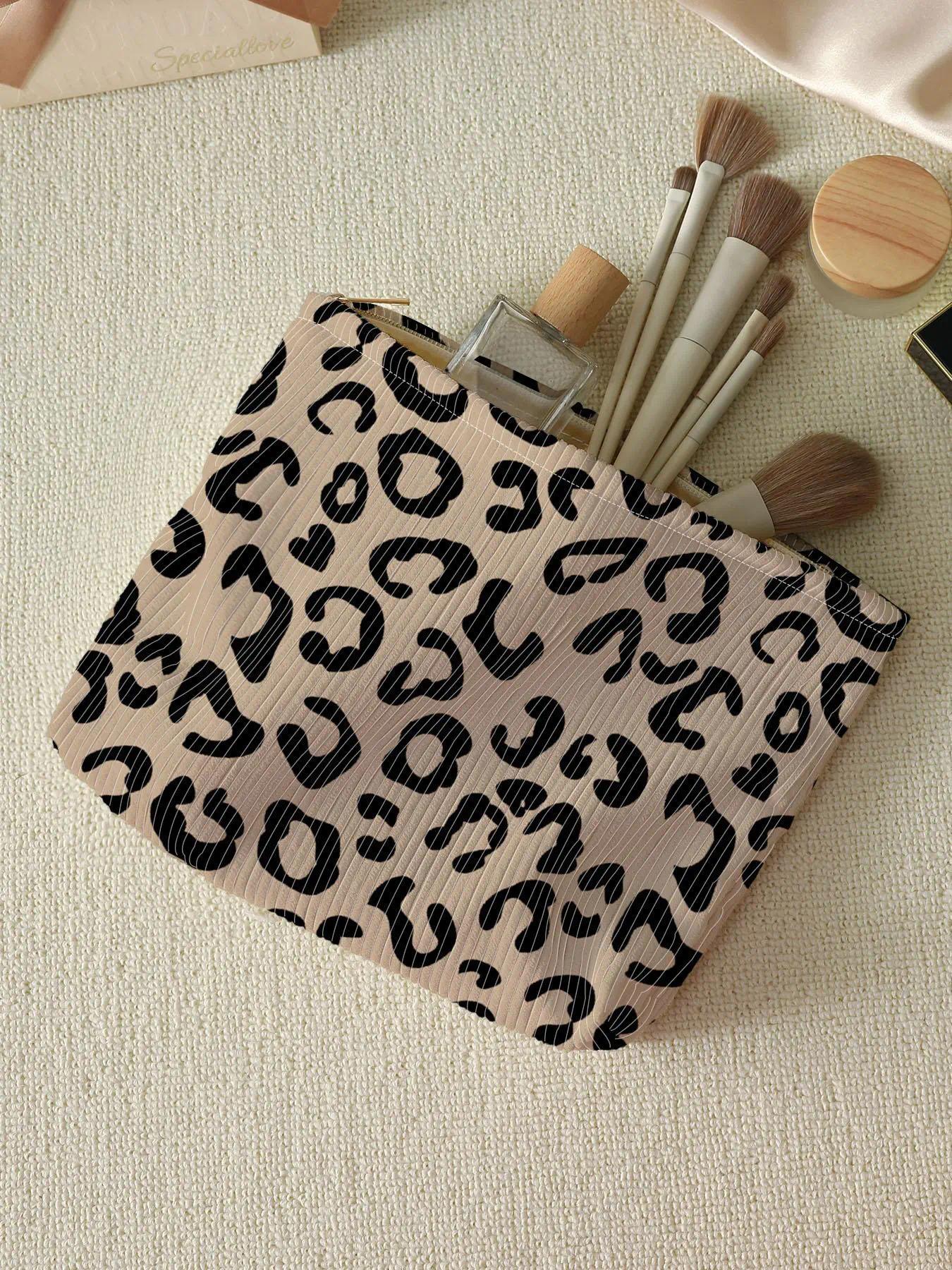 Leopard Print Corduroy Cosmetic Pouch, Lightweight Zipper Makeup Bag, Versatile Handheld Storage Bag For Daily Organizing, Weekend Travel And Outdoor Essentials