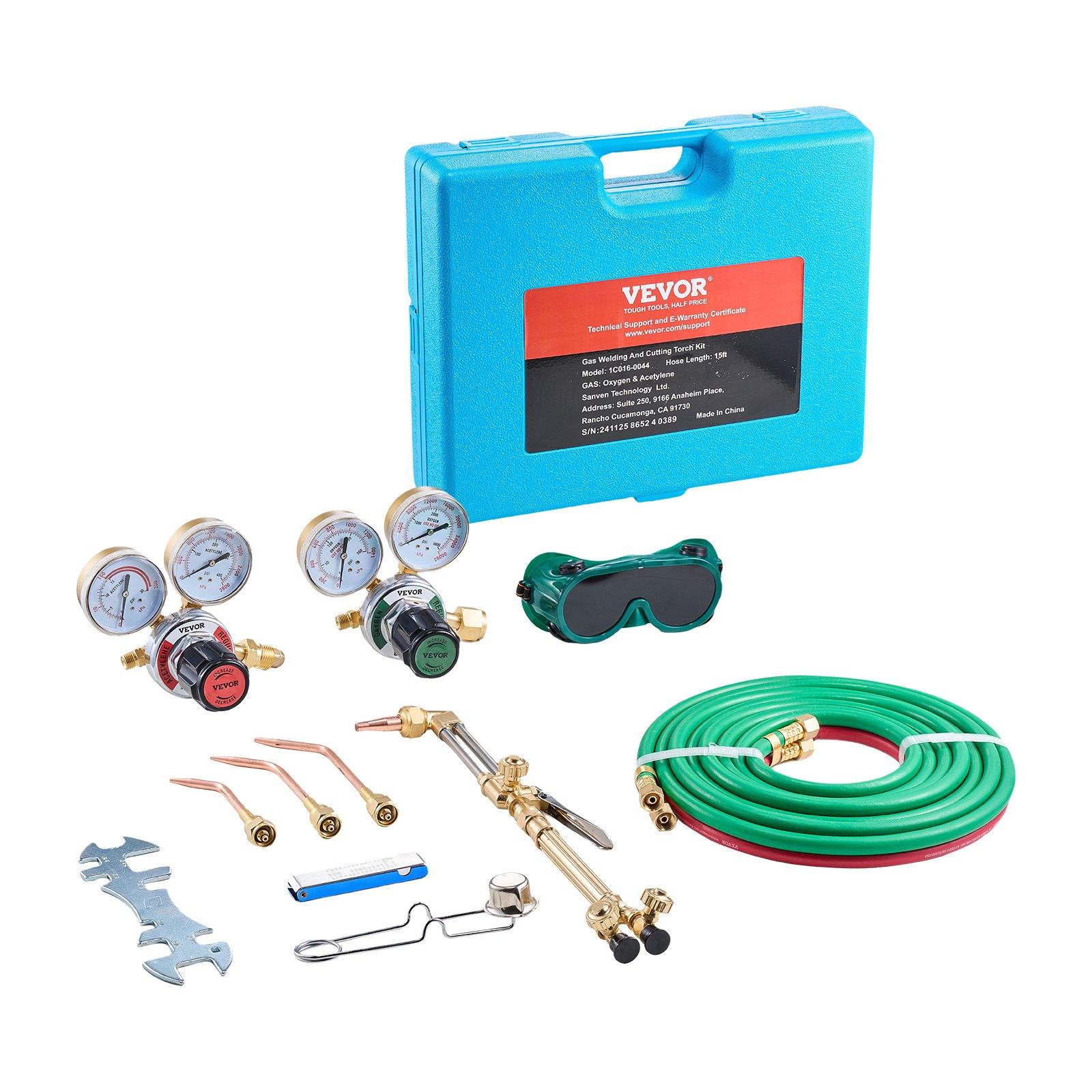 VEVOR Oxygen Acetylene Torch Kit, Gas Welding Cutting Torch Kit, 14PCS Portable Oxy Acetylene Brazing Set with 177'' Long Twin-Hose, Cutting Nozzle, 3 Welding Tips Carry Case (without Gas Cylinder)