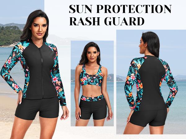 Holipick Long Sleeve Swimsuits for Women - Three Piece Rash Guard with Shorts Zipper SPF Swim Shirt with Built in Bra