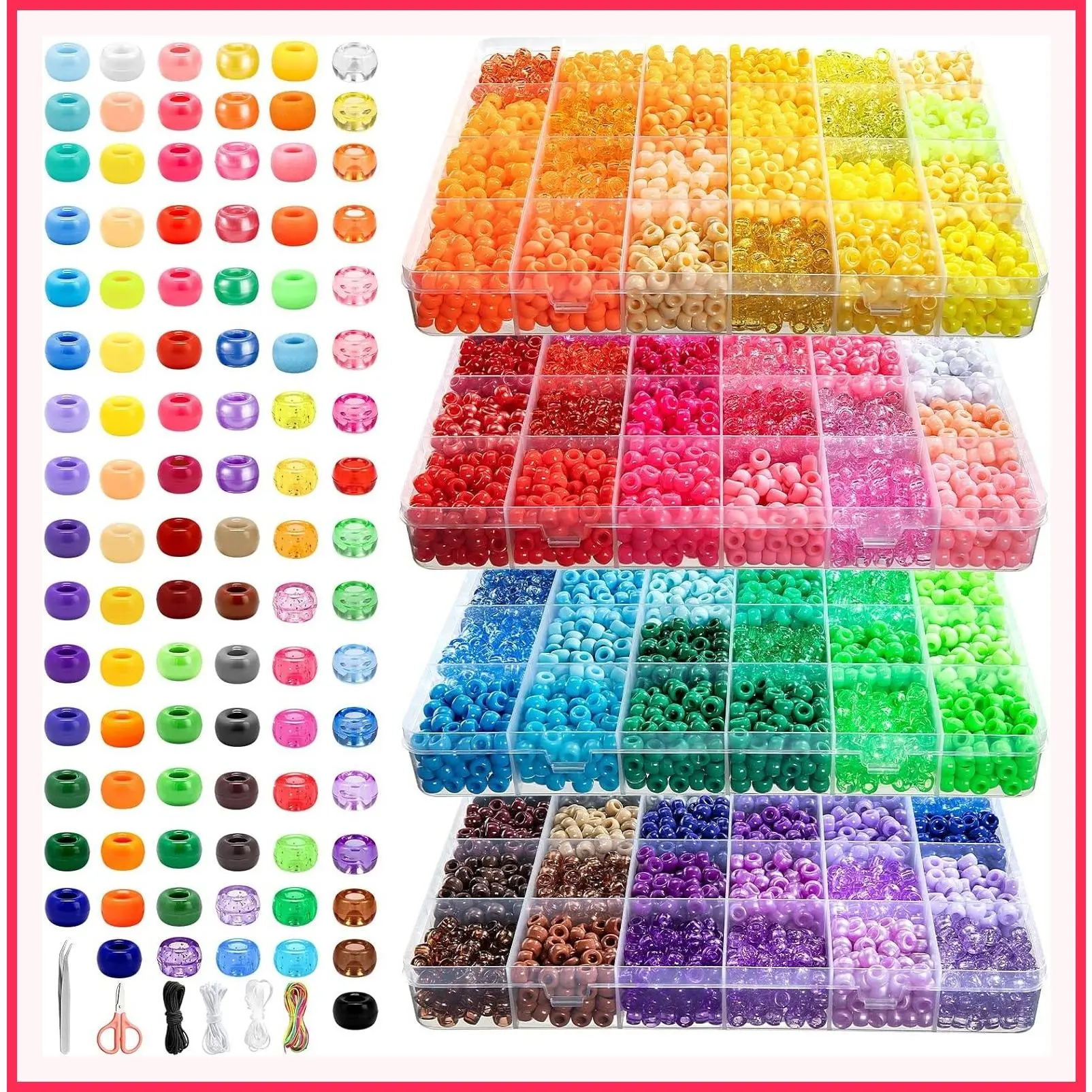 10000Pcs 6x9MM Pony Beads Bulk, 96 Assorted Colors Kandi Beads Kit for Bracelet Making Hair Braiding Jewelry Key Chains DIY Crafts Gifts (4 Large Boxes)Gift