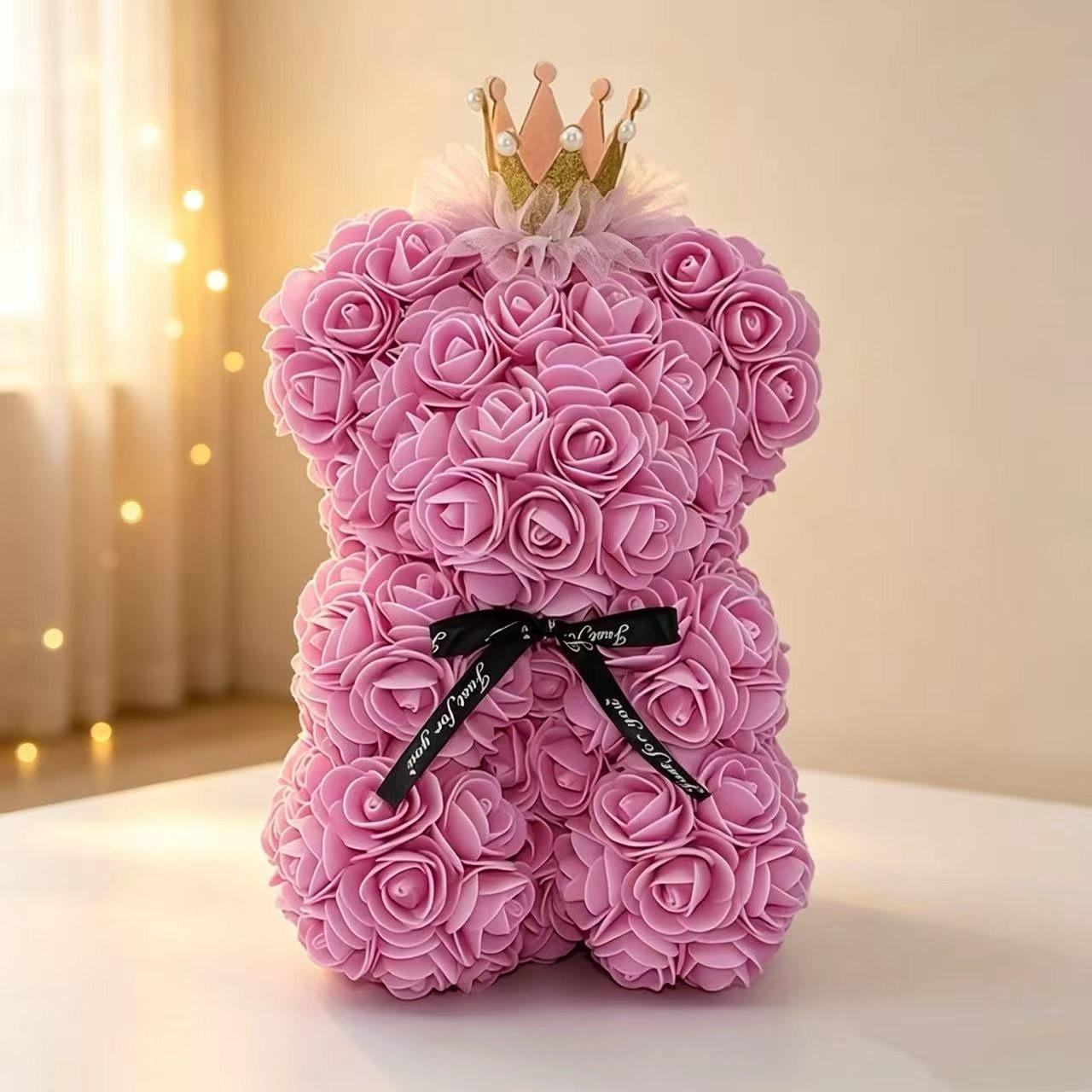 Rose Bear Crown Teddy Bear 23cm, Realistic Rose Flower Bear, Valentine's Day Gift for Girlfriend, Mother's Day, Christmas, Birthday, Decorative Collectible Gift
