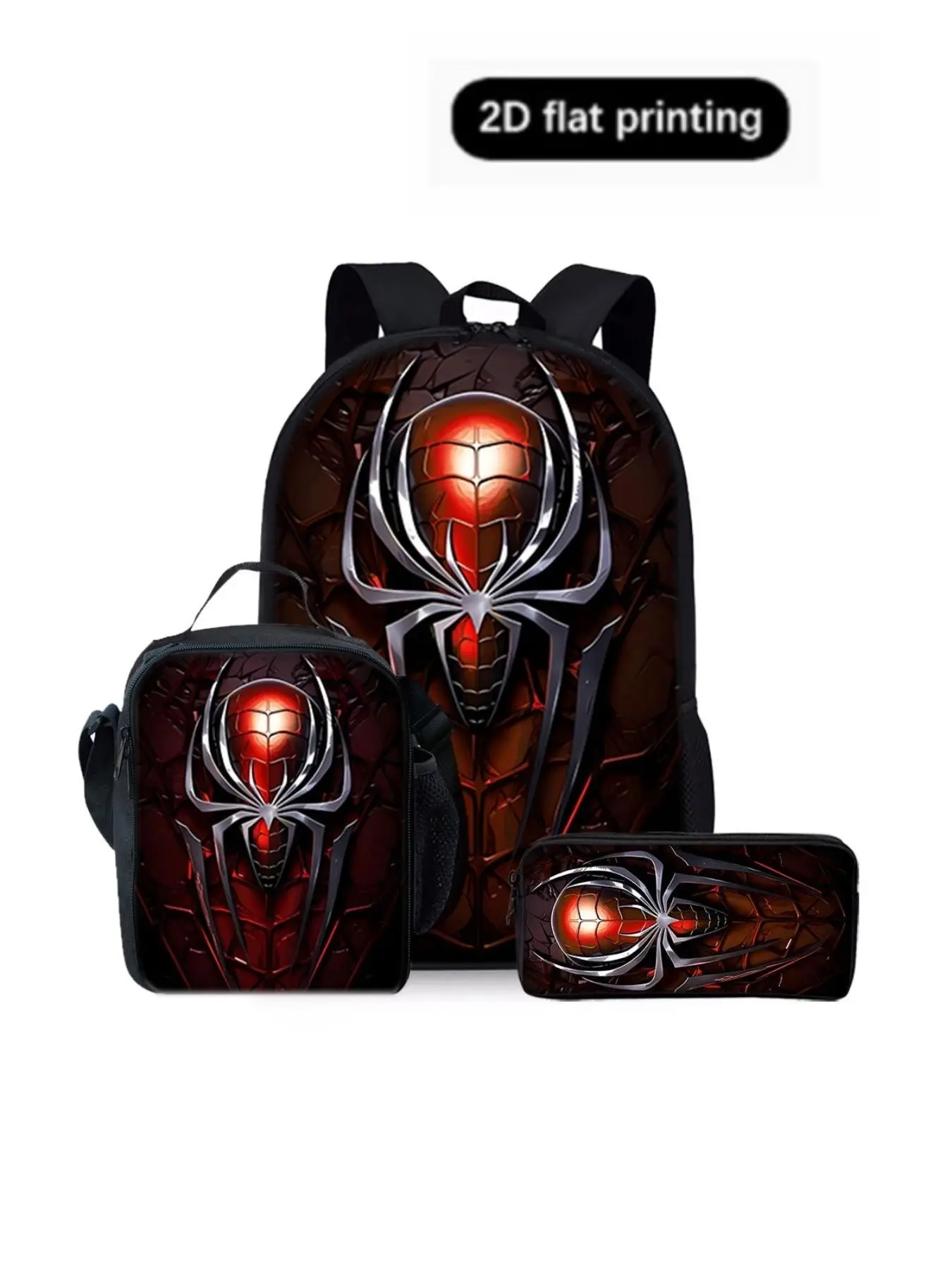 Spider Pattern 2D Print 17 Inch Backpack Set, Casual Cartoon Design, All Seasons Use, Includes Single Layer Backpack, Lunch Bag, Pen Pouch