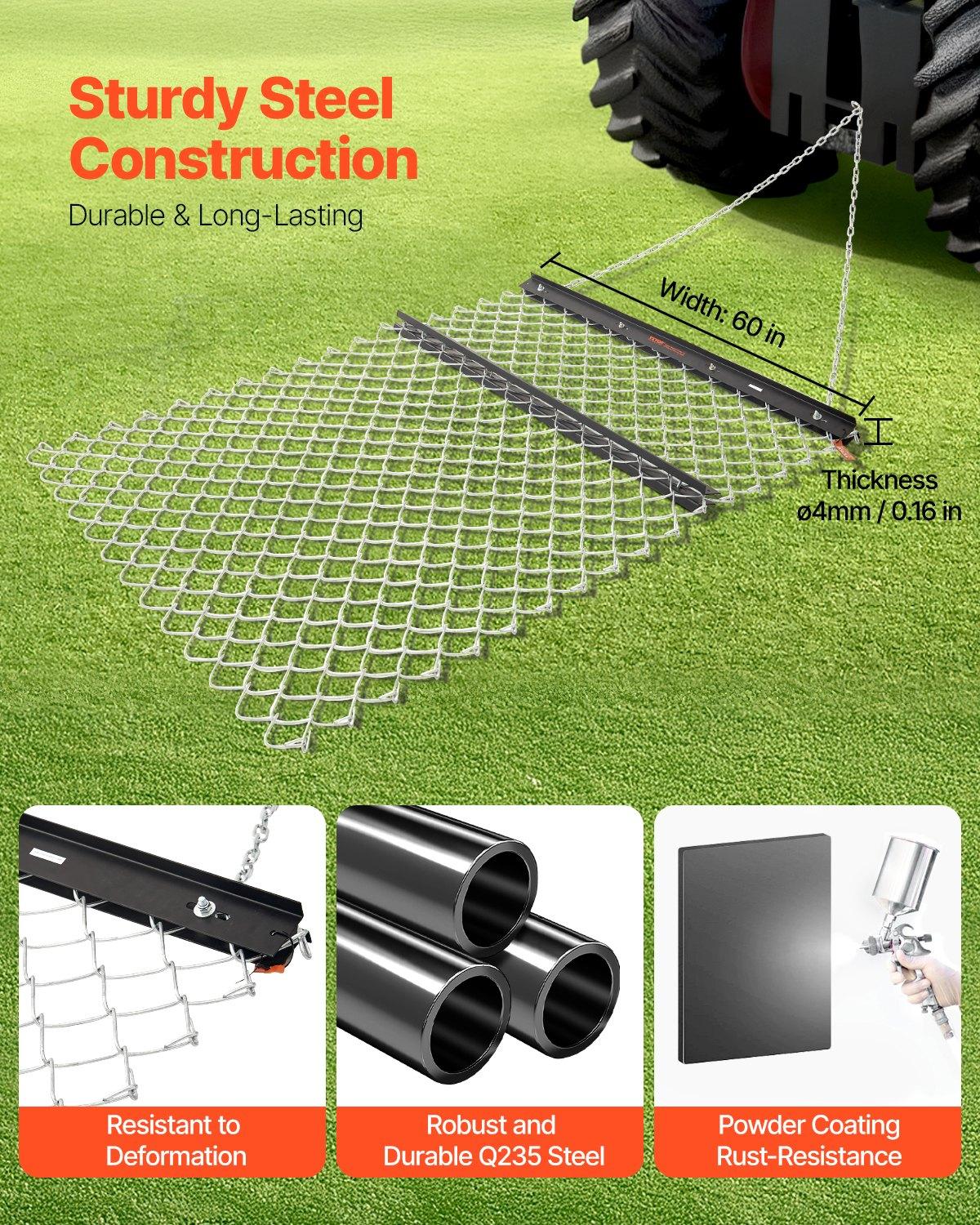 VEVOR Drag Harrow, 4 x 5 ft Chain Harrow - Made from Q235 Steel, UTV Tractor Attachments for Landscape Leveling or Sod Prepping, Durable Harrow Rake for Gravel Driveway, Farm Field Garden Black