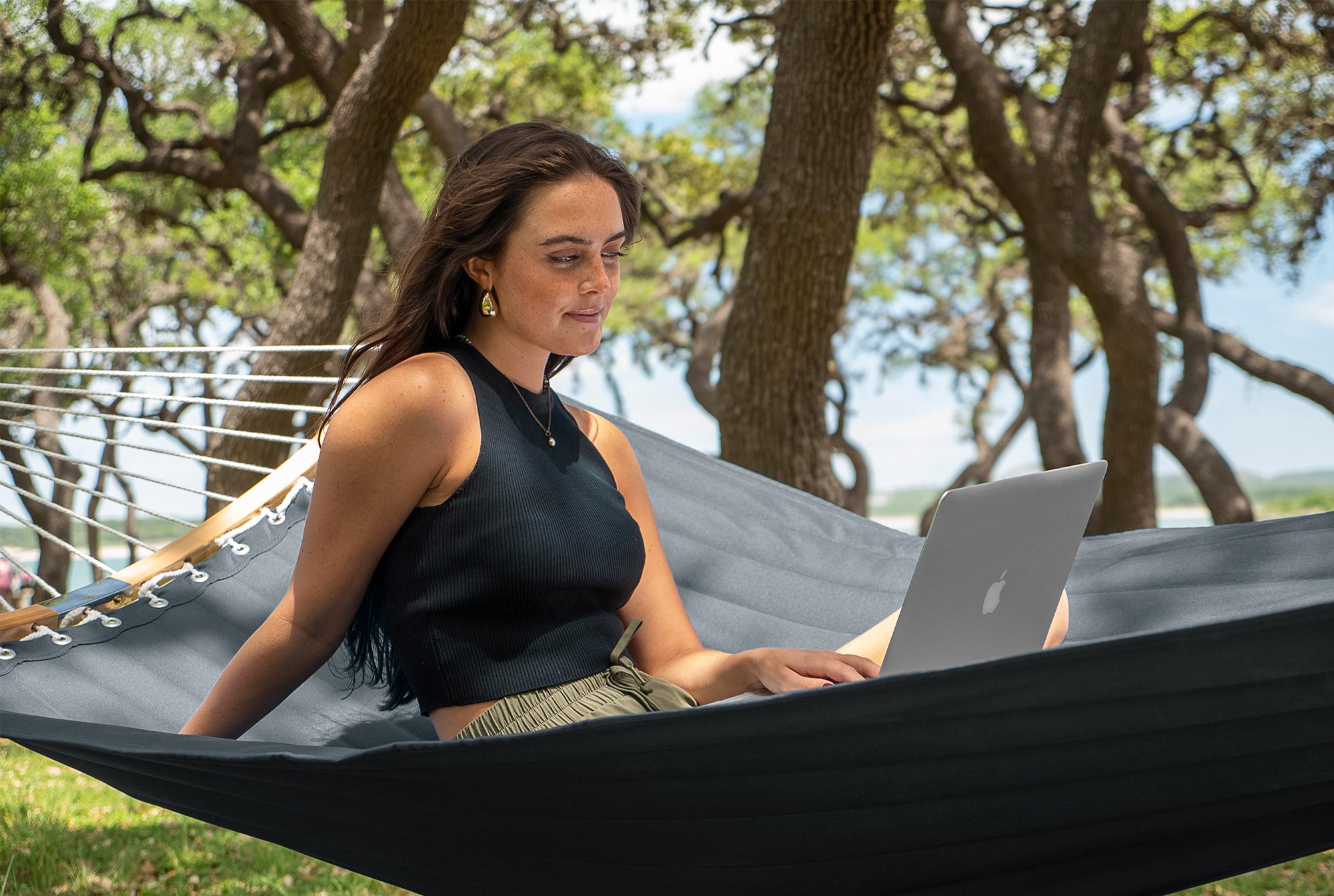 SUPERJARE Hammock with Stand, 2 Person Heavy Duty Hammock with Padded Cotton, Detachable Pillow & Strong Curved-Bar & Portable Carrying Bag, Perfect for Outdoor & Indoor