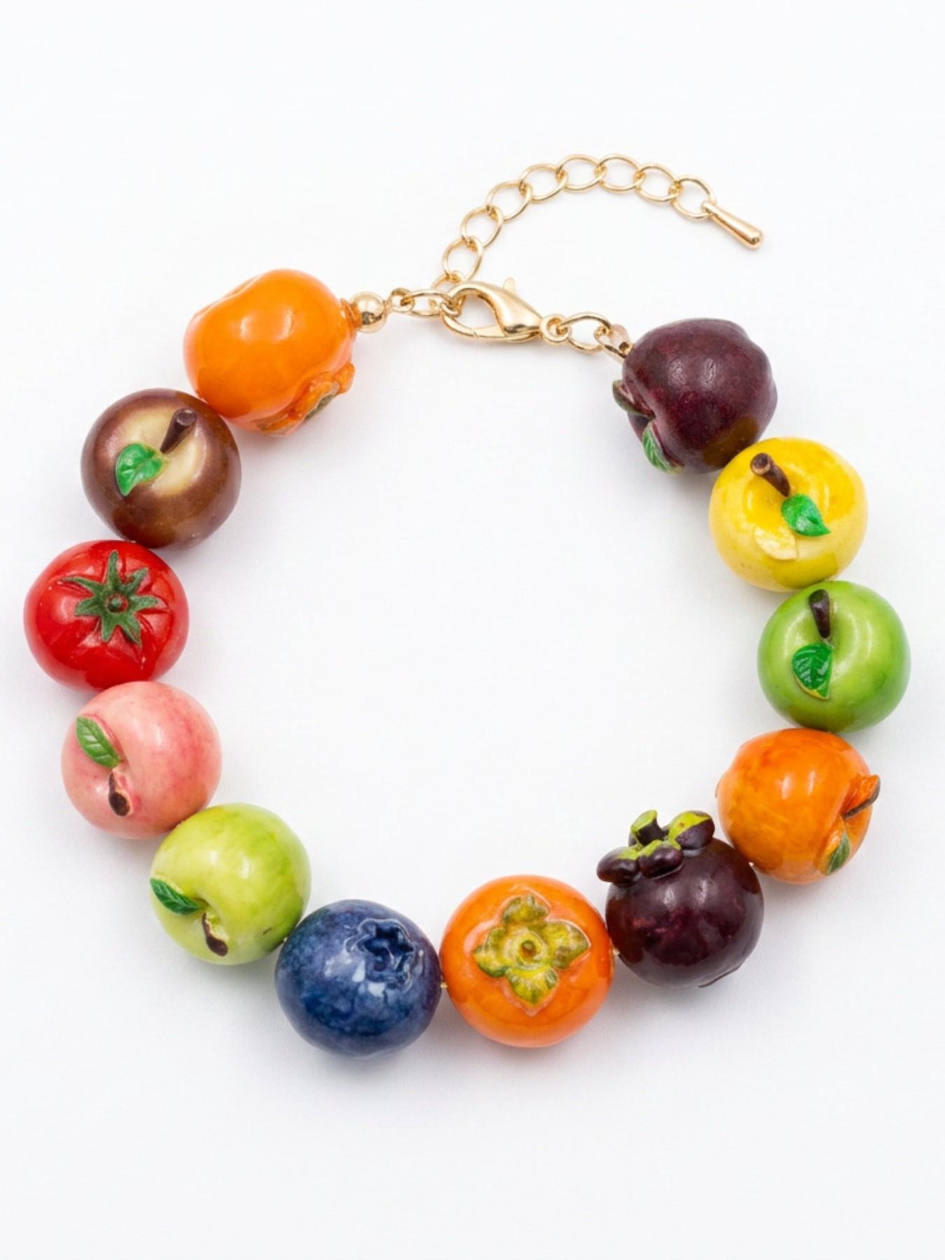 1pc Colorful Fruit Beaded Bracelet for Women, Handmade Mini Fruit Charm Bracelet, Lemon Cherry Acrylic Beads, Dopamine, Casual Trendy Jewelry, Summer Beach Vacation Bracelet, Y2K Kawaii Accessory, Adjustable Gift for Girls