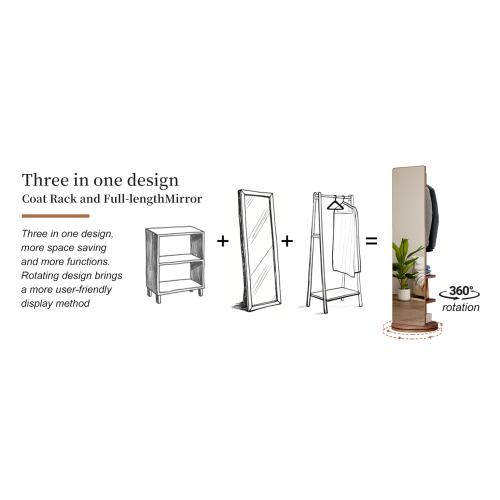 360° Rotating Solid Wood Full Body Mirror – 66"x14" Freestanding Mirror with Hooks & Multi-Layer Storage, Coat Rack Organizer for Bedroom, Living Room, or Cloakroom, Walnut