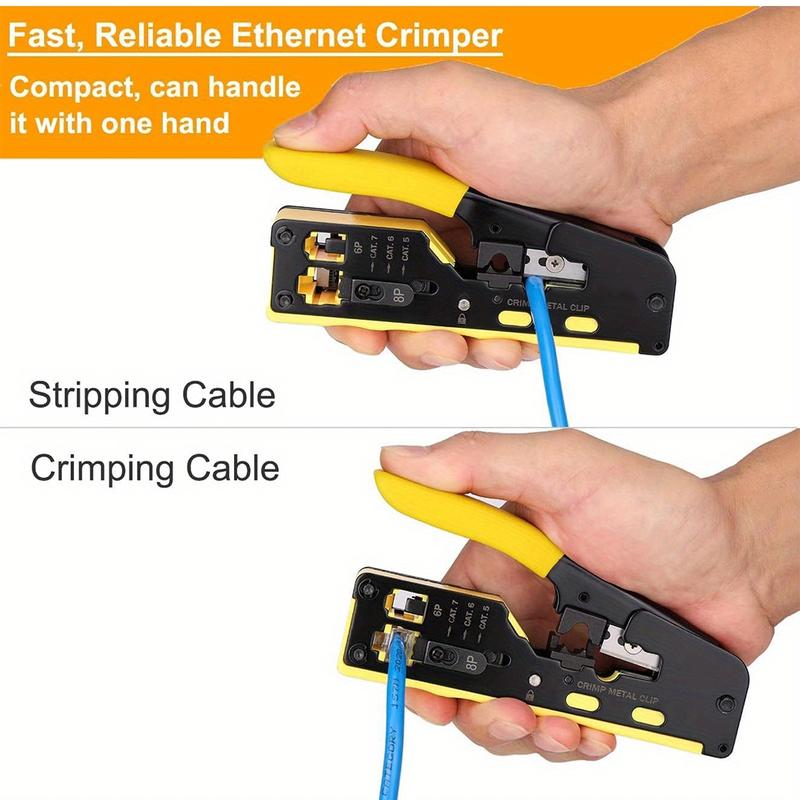 RJ45 Crimp Tool Kit All-in-One Ethernet Crimper Cat7 Cat6 Cat5 Crimping Tool with Network Cable Tester, 20pcs Cat5 RJ45 Pass Through Connector, 20pcs Connector Boots for Home Office Network Connect
