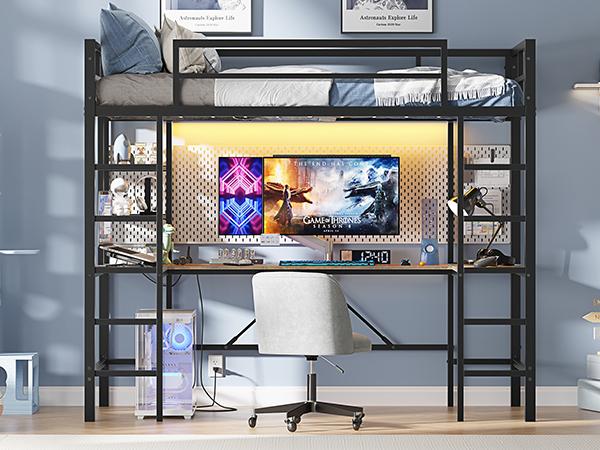 Hasuit Twin Size Loft Bed with Desk U-Shaped | Heavy Duty Metal Frame & Built-in Charging Station | RGB APP-Controlled LED Lights, Safety Guardrails + Open Shelves | No Box Spring Needed Easy Diy Assembly