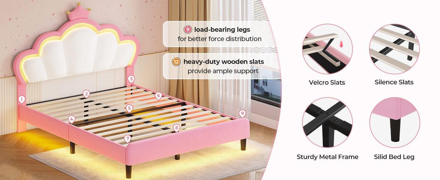 Sikaic  Bed Frame with Princess Crown and LED Velvet Upholstered Platform Pink Modern Bed Frame with Adjustable Headboard, No Box Spring Needed gift for teen girl